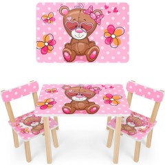 Купить Детский столик 501-9 деревянный, со стульчиками, розовый мишка