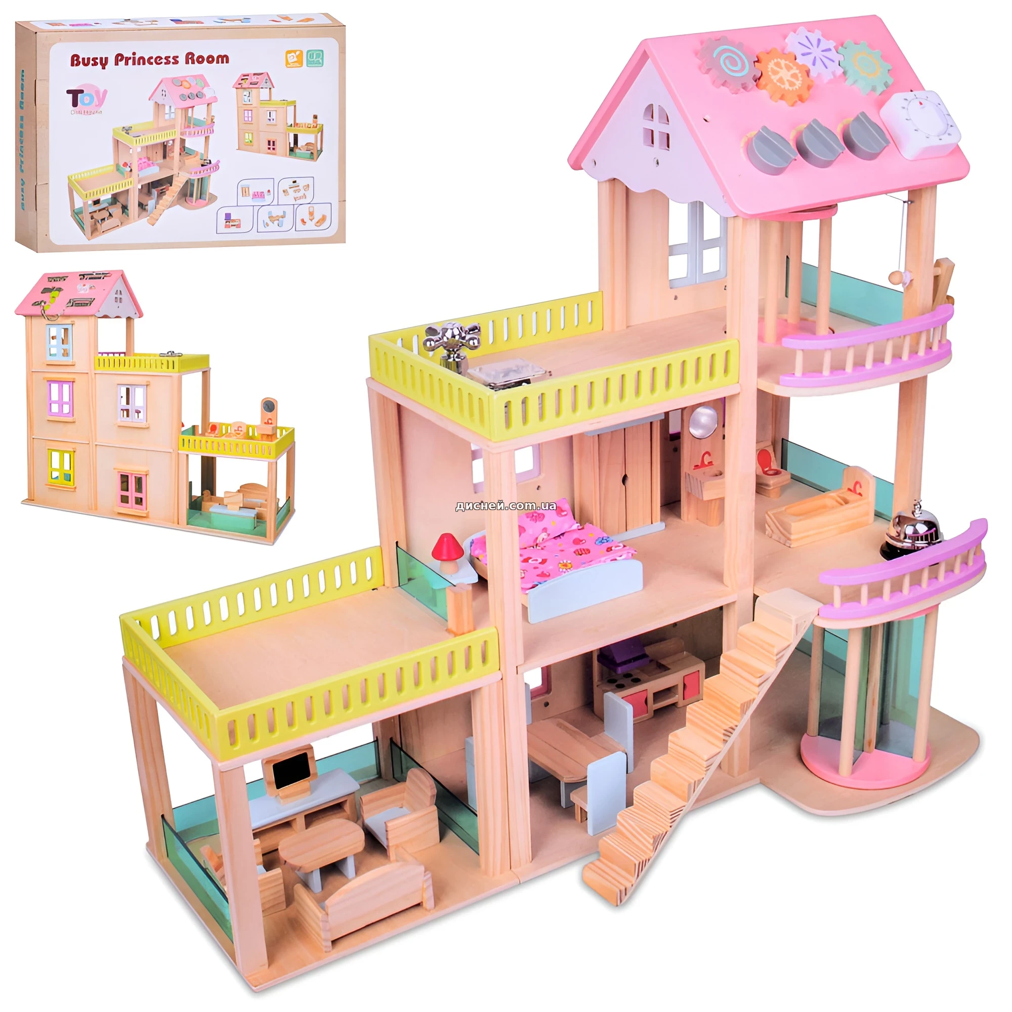 Кукольный домик MD 1370 деревянная игрушка, три этажа, с мебелью