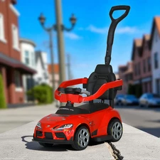 Детская каталка - толокар M 6129 EL-3 Toyota с ручкой, мягкое сиденье, красная