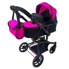 Коляска для куклы Carrello Fortuna 9695 Peach Pink 2 в 1 с сумочкой, фуксия