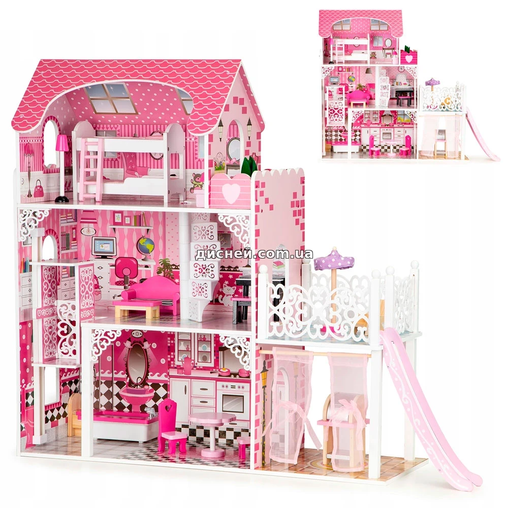 Кукольный домик MD 0159 деревянная игрушка, три этажа, горка