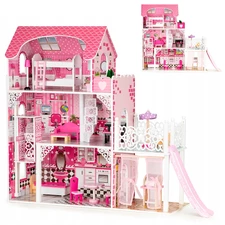 Кукольный домик MD 0159 деревянная игрушка, три этажа, горка, мебель