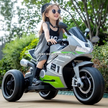 Детский мотоцикл на аккумуляторе M 6264 EL-11 серый, три колеса, два двигателя
