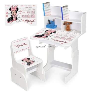 Детская парта N 2071-21-1 со стульчиком, регулируется высота, Минни Маус, белая