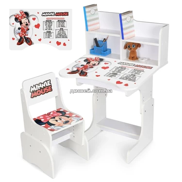 Детская парта N 2071-22-1 со стульчиком, регулируется высота, Минни Маус, белая