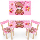 Детский столик 501-9 деревянный, со стульчиками, розовый мишка